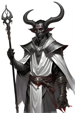 En Young male black skin black hair tiefling Wizard with large horns glowing Silver and White symbols Everywhere on his body. He's wearing silver and White Rope and a silver cloak. His horn a perfectly place on acet from the front to the back pointing upwards with glowing Red cat Eyes holding a quarterstaff. His close is elegant get simple