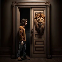 A young man enters a door and from the other side comes out a half-human, half-lion