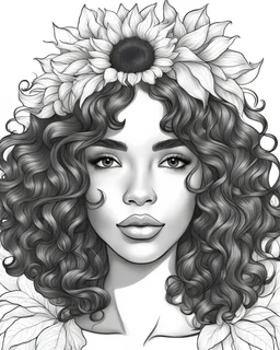 outline art for a gorgeous and sweet black lady face, bangs, wavy hair, sunflower in her hair, coloring page, long hair, white background, sketch style, only use outline, clean line art, white background, no shadows and clear and well outlined