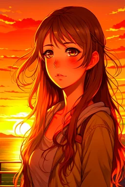 (image: An anime character with flowing hair and intense eyes, standing against a picturesque sunset), Descriptive Keywords: Anime Character, Flowing Hair, Intense Eyes, Sunset, Beauty, Ultra Realistic, Anime, Anime Character Type: Heroine, Camera Lens Type: Wide-angle lens, Camera Aperture Settings: f/2.8, Time of Day: Golden Hour (evening), Style of Anime Character: Strong and Determined, Type of Film: Digital