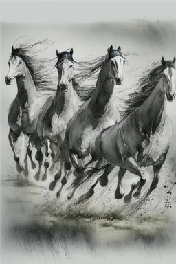 8 horses running on meadow as black ink watercolor chinesse paintin art