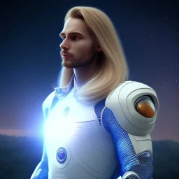 Beautiful cosmic man, blue eyes, long blond hair, smiling, cosmic suit, full body, galactic backdrop, soft lighting, hyper realistic, unreal engine 5, 16k