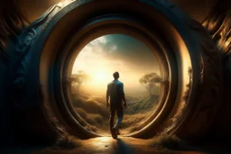 a man moving through a portal, photorealistic, Detailed Matte Painting, Deep Colour, Fantastical, Intricate Detail, sunshine