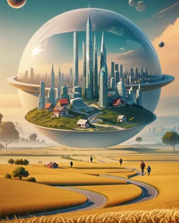 Prompt: A surreal landscape depicting a futuristic city with towering skyscrapers set within a giant spherical structure. In the foreground, winding roads traverse golden fields of wheat, interspersed with small houses and people walking. The background features a blend of natural and urban elements, with planets visible in the sky, creating a harmonious juxtaposition of nature and technology. The overall color palette leans towards soft pastels, evoking a dreamlike atmosphere.