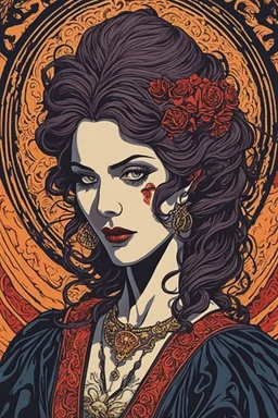 museum quality color woodcut of an ancient female vampire sorceress with highly detailed hair and facial features , in the style of Gustave Baumann, with a fine art aesthetic, highly detailed, finely cut ,8k render,