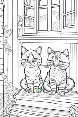 coloring page for kids, Cats on the porch, cartoon style, thick lines, low detail, no shading