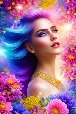 Beautyful smiling young woman, long hair amazing blue eyes, flowers, happy cosmic, bright colors, blue, pink, gold, jewels, realistic, photo real, clear sunny background, highly detailed, high contrast, 8k high definition, unreal engine 5, extremely sharp detail, light effect, sunny light backgroundgold, jewels, realistic, photo real, clear sunny background, highly detailed, high contrast, 8k h