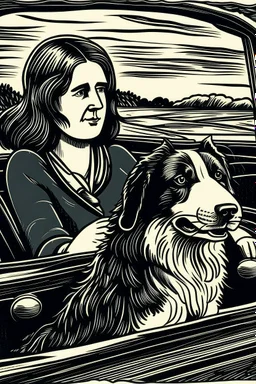 Block print stressed woman driving car with collie in front seat