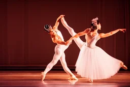 very beautiful a ballet male and female dancers couple in very pretty clothing dancing ,hyper realistic ,disco lights,very luxury dance stage ,with nice light sources and devices in stage, close up