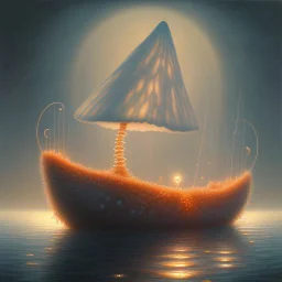 a noctilucent boat made of a mushroom on the ocean at night by artist "Michiel Schrijver",by artist "Leonora Carrington",by artist "Pinhole Photography"