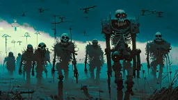 (Bio-engineered undead skeleton machine army) marching, (menacing), glowing eyes, tactical wear, gas masks, dark winter landscape, techno gothic aesthetic, epic, science fiction painting, (Denis Sarazhin, Alex Colville, Simon Stålenhag, Neil Blomkamp, Christopher Shy, Alejandro Burdisio, Yoji Shinkawa, ominous sky), RAW, gritty, high contrast, atmospheric horror art, vivid, neon overlay, harsh textures, dramatic, surreal horror, retro futuristic, nightmarish art, apocalyptic, atypical art