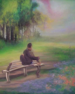 park mystical dream, park bench, man, woman, child, dog, trees, path, bird, sunshine, mystical, fantasy, romanticism, pastel colors, daylight, daytime, acrylic painting, detailed,