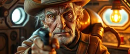 gritty air brush 3d with pen outline,seasoned handsome gunslinger western fluffy elder woman edgy hero with slightly glowing eyes and nudged dented skin in front of glistening space lobster dog, shallow depth of field, warm lantern, pin hole cam in doll house space ship, bottom floor board edge border