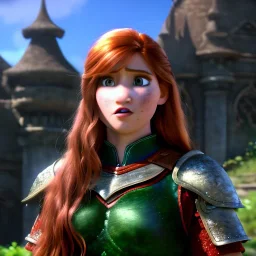 hyper realist, hyper detailed, stunningly beautiful teen girl, long ginger hair, green eyes, medium freckles, full lips, skimpy fantasy intricate leather armour, full body and head, c-cup breasts, shocked expression, centred camera, full frame, petite, centered camera