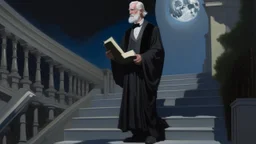 Oil painting of a 70 year old white man with white hair, wearing a black cassock and a black hat, standing on a long staircase with a book in his hands, with a building on the left and a column on the right, under a blue sky with a moon. The painting has a rough texture and a monochromatic color palette. The lighting is soft and diffused. The composition follows the rule of thirds. The medium is oil on canvas. The style is impressionistic.