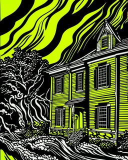 A yellow haunted mansion in a thunderstorm painted by Roy Lichtenstein