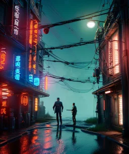 Ultra realistic photographic night portrait, cinematic, <Asian woman><big cyber eye>::<Asian doctor old man><hanging wires> <retro computer> <cyberpunk> <many wires><perfect pupil> <cyborg arm> <garage> <wide angle Shot> <sci-fi futuristic> <thriller>, color fog, soft color, highly detailed, unreal engine 5, ray tracing, RTX, lumen lighting, ultra detail, volumetric lighting, high definition.