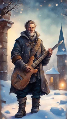 postcard portrait of bard man with old boots, sword and lute in the snow garden holding a tower fortification, magazine cover illustration with oil paint and spray paint, signed, bokeh like, down-light, unreal engine, prize winning