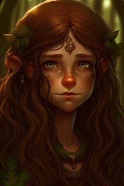 Gnom, braune lange wilde Haare, große, auffällig dicker Nase, grüne Augen, sehr jung (etwa zwanzig Jahre) , Druide, gebräunte Haut, Zeichen im Gesicht, keine Falten im Gesicht