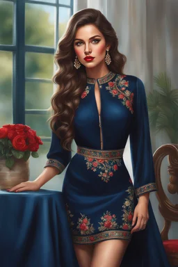 Full body view, ultra realistic illustration, beautiful ukrainian female, Sybil, age 25, long brunette wavy hair, brown detailed eyes, light makeup, red lipstick, wearing navy blue dress with sleeves, ultra realistic illustration, highly detailed accessories, digital painting, art station, concept art, sharp soft focus, illustration, 8k, 8 life size, big bossom, tight waist, nice hip, professional ominous concept art, by artgerm and greg rutkowski, an intricate, elegant, highly detailed digital