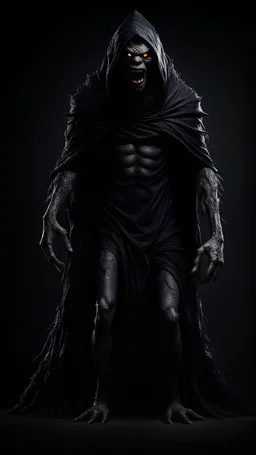 The scary monster in black mantle stands on black background