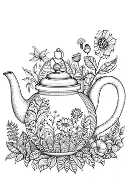 Cozy vibes drawing art tea pot, garden inside tea pot coloring page