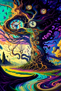 A digital painting of a grotesque, surreal landscape, embodying the chaos of the subconscious showing a distorted clock and shaped trees with twisted roots float above a ground with colorful waves and swirls. This landscape is like a dream world. Use exaggerated proportions, and a digital brush texture of oil paint.