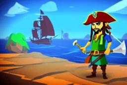 Cartoony Captain Jack Sparrow sailing on the vast blue ocean, Legend Of Zelda: Wind Waker style, stylized, colorful, adventurous.