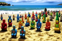 A beach filled with tikis painted by George Seurat