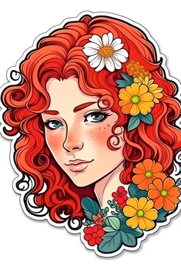 Sticker vrouw krullen bloemen in rood haar en bruine ogen