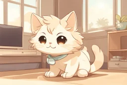 cute fluffy chibi beige cat measuring fever in a modern room in sunshine