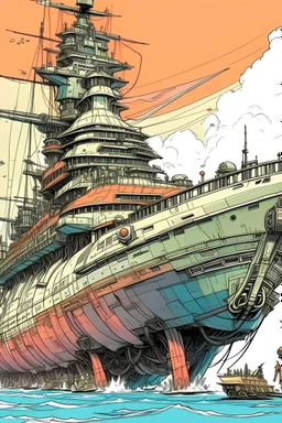 Draw a giant war ship with coloured make it new make it way bigger
