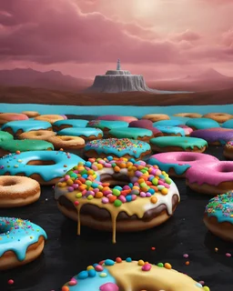 it is a wasteland all the foreground donuts are melted frosting,(dystopian horror::magical sci fi:0.6) in the distant background is "Candyland", goody gumdrops while you starve , constructed from surreal-looking donuts, hyperreal cakes, and crumbs, it is raining sprinkles, DOF, it stands like a beacon on a hill, digital illustration with color pops of pinks and reds and blues , (bubblegum horror:1.5), Unreal Engine 5,trending on Artstation