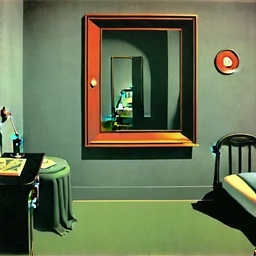 Room with odd creepy stuff and a liminalspace atmosphere in René Magritte style