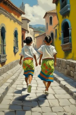 2 maxican childeren running traditional clothes painting neoclassism in a traditional mexican city from the back