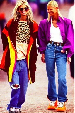 year 1996 denim fashion. Loose fit, low waist, baggy. Colors: denim blue, blue, purple, khaki, light green, lilac, plum, orange, terracotta, red, pink, dark blue, beige. Women models. Patterns: cheetah, balls, stripes.Jennifer Lopez, Gwyneth Paltrow, . Big tennis shoes on.