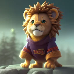 Concept art of Little mascot lion wearing a hoodie (Pixar art style)++, highly detailed, digital painting, art stations, concept art, smooth, unreal engine 5, god rays, ray tracing, RTX, nanite polygons, lumen lighting, ultra detail, volumetric lighting, 3d, detailed anime, finely drawn, high definition, high resolution, cartoon [ animation, cartoon, drawing, painting, low res, cropped, watermark, jpeg artifacts, low quality, normal quality, bad anatomy, text error, worst quality, blurry thousan