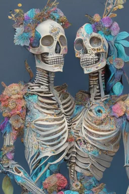 Partially skeletonized couple cobbled together with paper mache from magazine clippings and covered in mixed media such as feathers, foliage, flowers, gemstones, and shiny gewgaws; quilling, award-winning, masterpiece, portfolio piece, fantastical, Intricate, Hyperdetailed, Holographic, Magnificent, Meticulous, Mysterious