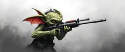 air brush 3d with pen outline, mongrel goblin gremlin holding uzi, charcoal fog border
