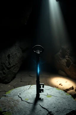 Glowing black key with a subtle pulsing effect and shadowy aura, placed on a worn ancient stone pedestal with moss-covered cracks, inside a dimly lit and eerie cave with a low-hanging ceiling, cinematic lighting casting dramatic shadows on the rough stone walls, with an intense beam of light illuminating the key from a high angle, creating an ominous atmosphere.