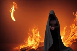 Cloaked woman holding fire, Dark moody night atmosphere, 8K, high body details, anatomically perfect bod