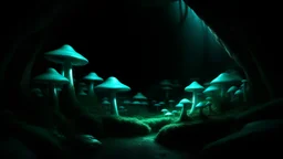 Photoreal gorgeous giant towering massive gargantuan fluorescent luminescent blue and green mushrooms as far as the eye can see with a winding rocky path through them in the pitch black dark caves of the underdark of the Forgotten Realms. otherworldly creatures, in the style of fantasy movies, shot on Hasselblad h6d-400c, zeiss prime lens, bokeh like f/0.8, tilt-shift lens, 8k, high detail, smooth render, unreal engine 5, cinema 4d, HDR, dust effect, vivid colors.