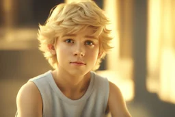 A realistic close up portrait of a cute teen boy with honey brown eyes and golden blond hair, innocent and thoughtful, gazing into the camera, a hint of facial hair, wearing sleeveless shirt, inside an empty room with warm sunlight streaming in, detailed, high definition, 4K, 8K, quality render