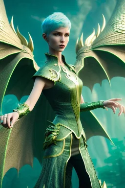 otherworldly women with short green hair and dragon wings wearing only dragon scales,mythical,fantasy , magnificent, majestic, highly intricate, Realistic photography, incredibly detailed, ultra high resolution, 8k, complex 3d render, cinema 4d.