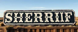 fill composition with large and wide hand painted old western sign that reads: "SHERRIF" white on black with inset white stripe aged paint sanserif