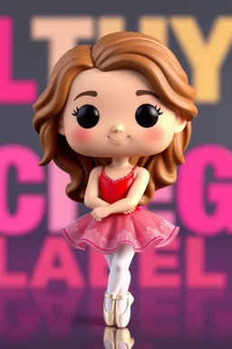 Funko figure of a very young female, smiling, long wavy light brown hair, wearing a ballerina dress, red dress, ballet, very cute, ballet pose,.very colorful background typography, 3D render.
