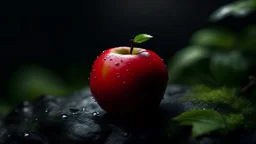 A vibrant red apple sitting on a wet rock covered with moss. The image showcases naturalism . The background emphasizes the apple body creating a bright and powerful composition,grey dark backround,dramatic scene