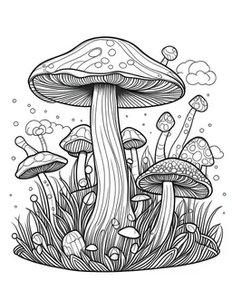 mushroom world minimalistic landscape. line art, background, vector, svg, coloring book page style, black outline on white background