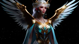 **In 8k High Definition photo-realism - LYSANDRA, Angel of Serene Radiance:*. Embark on a visual journey, commencing at her toes, meticulously detailed, radiating an ethereal glow in the highest 8K clarity. Progress to legs, sculpted with precision, Ascend to her head, capturing high cheekbones and radiant eyes reflecting cosmic depths in the pinnacle of 8K camera resolution. Enhance facial features—eyes shine brilliantly, skin radiates with a subtle play of light, and lips are defined