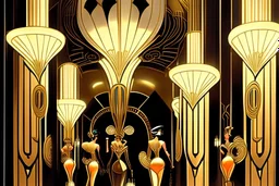 Inside an Art Deco Opera foyer, with mirrors and brass sconces, incandescent, gleaming, people in extravagant costumes by artist "Erte"